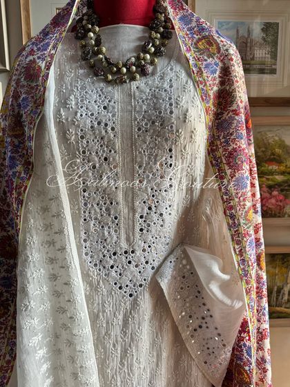 A full view of the suit with the colorful dupatta, offering a different styling perspective.