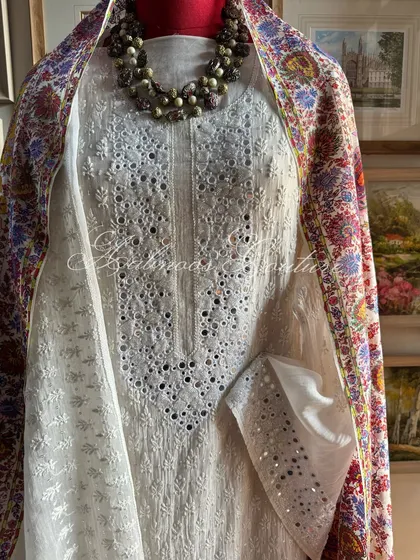 A full view of the suit with the colorful dupatta, offering a different styling perspective.
