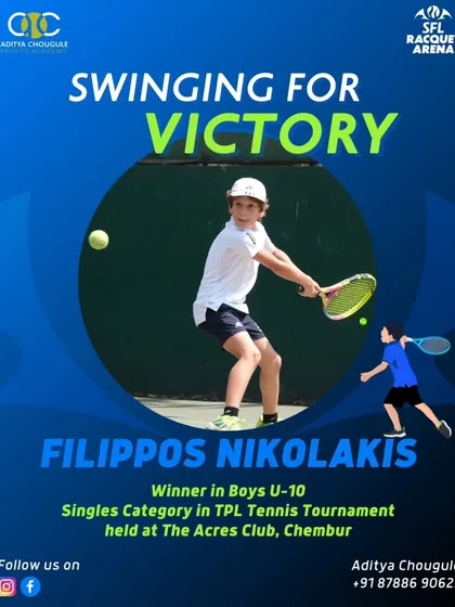 Swinging for victory. Congratulations to Filippos Nikolakis, winner in the Boys U-10 Singles category at the TPL Tennis Tournament, demonstrating power and precision.