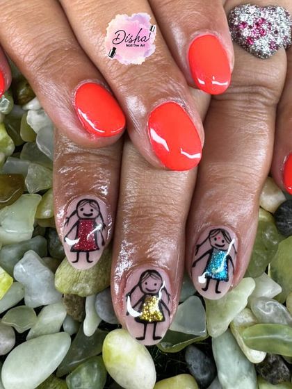 Telling stories one nail at a time. This adorable hand-painted design features little doodles with sparkling dresses, bringing a touch of whimsy and personality to the manicure.