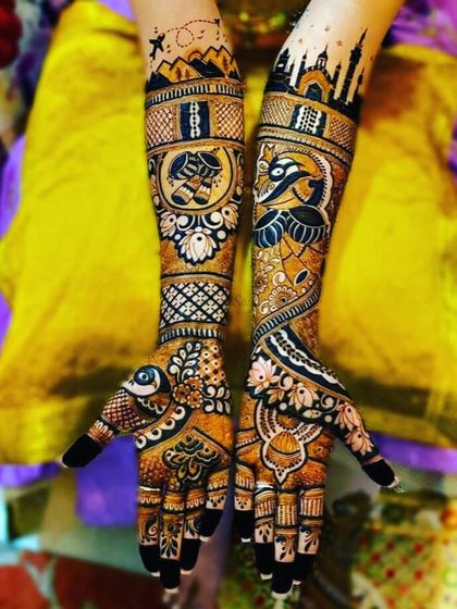 A modern take on traditional motifs, this design includes a large peacock, an airplane, and a city skyline.