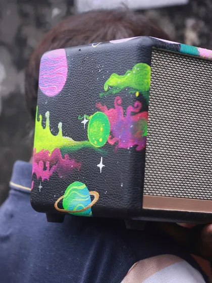 The custom Marshall speaker out in the wild. It's ready to bring the vibes and the music.