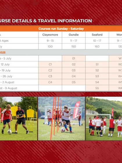 Here are the course details and travel information for the Arsenal Football Development Program. We offer multiple batches across different prestigious schools in England for students aged 9 to 17.