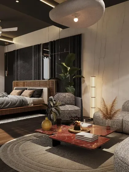This bespoke master bedroom is a study in modern luxury, featuring a floating wooden bed frame, a plush seating area, and direct access to a private balcony. The dark accent wall and ceiling create an intimate, cozy atmosphere, balanced by the natural light flooding the room.