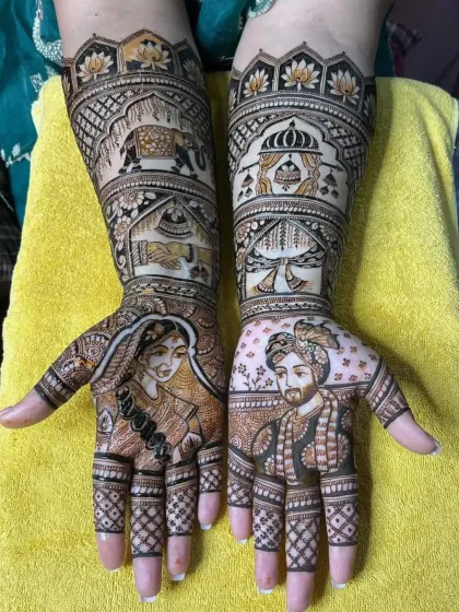 A classic bride and groom portrait is always a beautiful choice. I focus on getting the likeness right, with fine lines and shading to create a realistic 3D effect. Here, the portraits on each palm are complemented by traditional symbols like elephants and temple architecture.