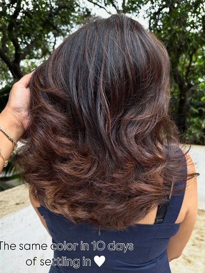 Holiday ready in 'Chocolate Truffle'. This set shows the transformation from grown-out color to a rich, dark chocolate brown. I also included a shot showing how the color settles beautifully after 10 days.