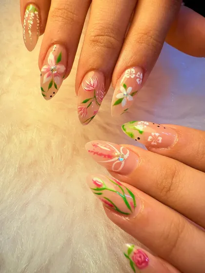 She's the kind of girl who is the bouquet. This beautiful set features delicate, hand-painted pink and white flowers on a sheer nude base, creating a soft and feminine look.