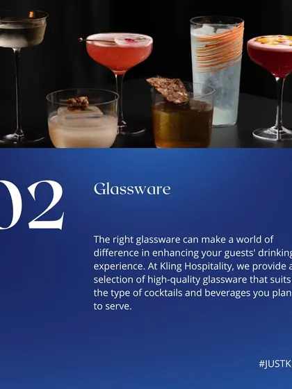 The right glassware makes all the difference. We provide a wide selection of high-quality glasses designed to enhance the specific cocktail or beverage you are serving, from coupes to highballs.