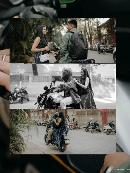 Their story continues with a motorcycle ride. This collage captures the adventurous and fun-loving spirit of the couple as they ride off together.