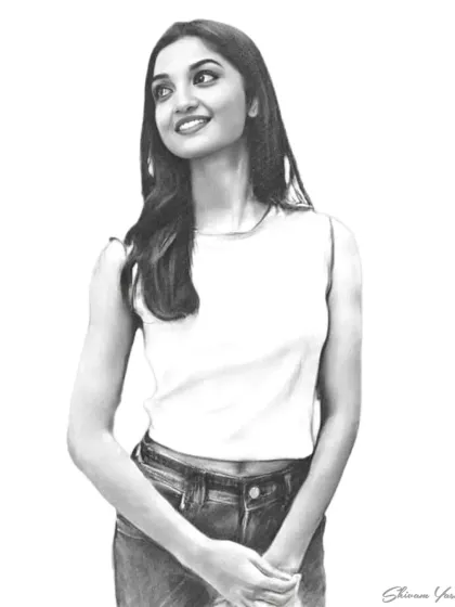 This sketch captures a simple, candid moment. The client is in a plain white top, which allows all the focus to be on her pleasant and gentle expression.