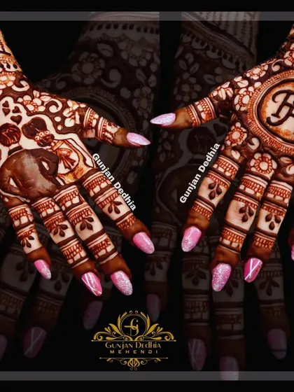 A personalized bridal design featuring a portrait of the couple on one hand and their initials 'FH' in a beautiful monogram on the other.