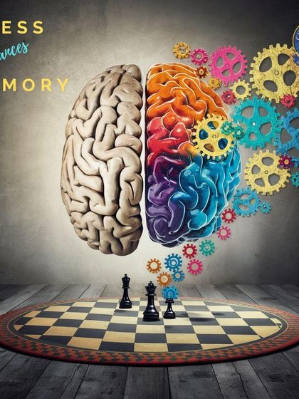 Chess enhances memory. The brain is depicted as a set of colorful gears, illustrating how chess exercises and strengthens a player's ability to recall patterns and sequences.