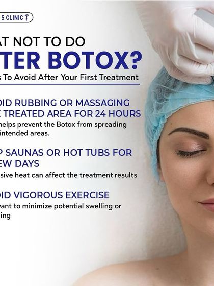 To help you get the most from your treatment, this graphic outlines three key things to avoid after your first Botox session, including rubbing the area, using saunas, and vigorous exercise.
