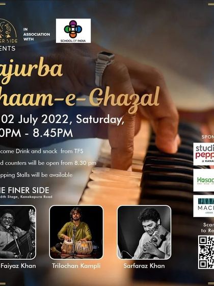 A poster for a 'Tajurba Shaam-e-Ghazal' event. I enjoy performing in different settings, and it was a pleasure to share the stage with Ustad Faiyaz Khan and Sarfaraz Khan.
