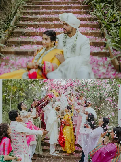 A collage capturing the fun and joy of a Maharashtrian wedding, from a quiet moment on the steps to being showered with petals by loved ones.
