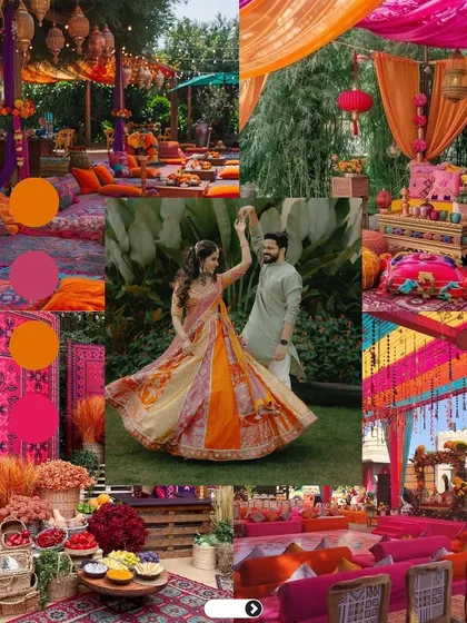 This Mehendi or Haldi setup uses a joyful explosion of fuchsia, orange, and yellow. The bride's multi-colored lehenga ties in perfectly with the vibrant, festive decor.