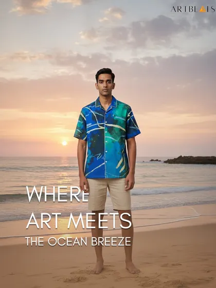 Here is my Komorebi Men's Art Shirt, captured where the ocean meets the sky. The design is inspired by the Japanese word for sunlight filtering through trees, and the vibrant blues and greens on the premium silk fabric echo the energy of the coast. It’s a piece for relaxed days and warm evenings.
