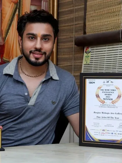 Posing with the MSME Times Excellence Award trophy and certificate. This recognition for 'Fine Artist of the Year' is a milestone I cherish.