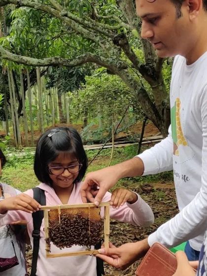 An expert from Beeman India shows children a real honeycomb frame during our summer camp. These expert collaborations provide incredible learning opportunities.