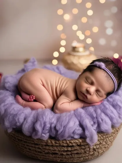 This shot captures the complete profile of the sleeping newborn in the basket. It highlights just how tiny and curled up they are in their first few weeks, a memory to cherish forever.