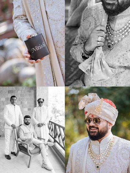 A collage of the groom getting ready, featuring a personalized flask, family portraits, and his regal sherwani.