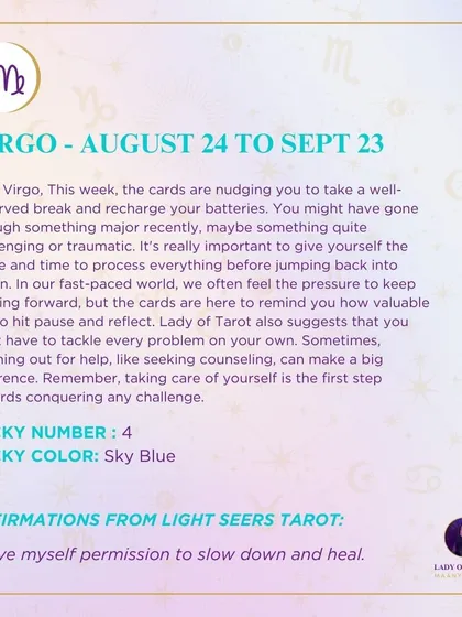 A weekly tarot forecast for Virgo. The cards are nudging you to take a well-deserved break and recharge your batteries. Taking care of yourself is the first step.