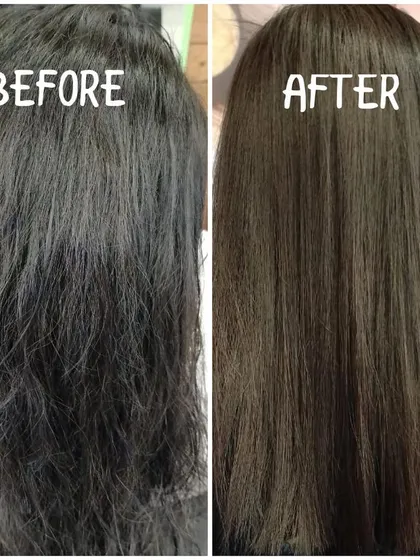 Another amazing before and after. This keratin treatment completely smoothed out the rough texture, resulting in sleek, straight hair that looks and feels so much healthier.