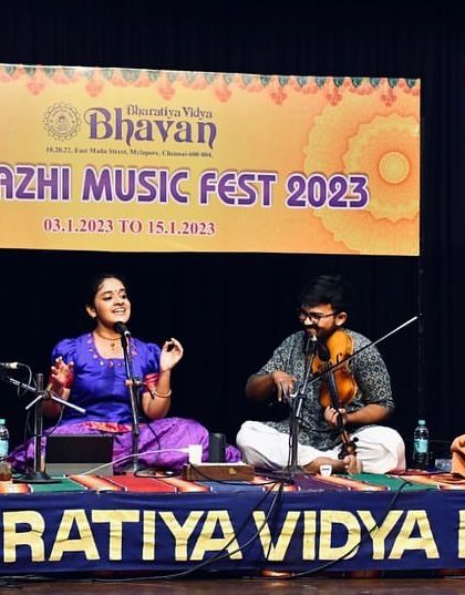 On stage at the Bharatiya Vidya Bhavan for their Margazhi Music Fest. Performing for different sabhas and festivals allows me to connect with a wide variety of audiences who share a deep love for Carnatic classical music.