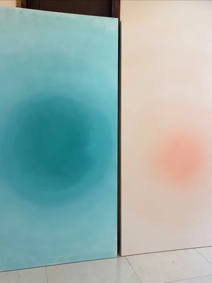 Another shot of the two large canvases for the cafe commission. The blended, soft-focus effect is created with many layers of acrylic paint.
