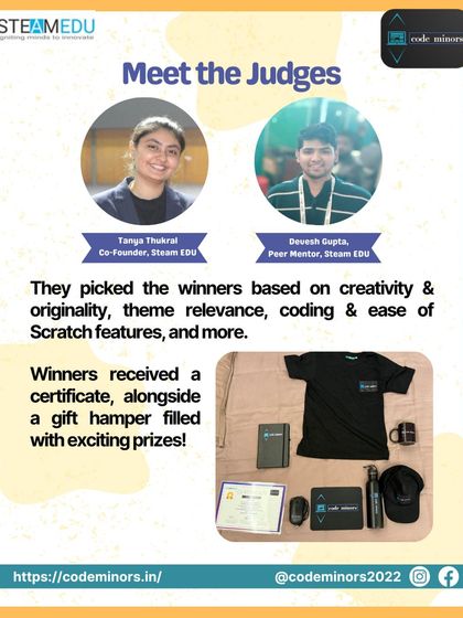 Meet the judges for our Scratch competition, who evaluated projects based on creativity, coding, and originality. Winners received certificates and gift hampers filled with exciting prizes to celebrate their achievements.