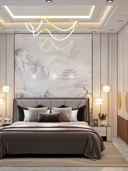 This elegant bedroom design features a large, calming piece of art as the focal point behind the bed. The room is designed with a tray ceiling, modern chandeliers, and integrated wardrobes with a dresser unit.