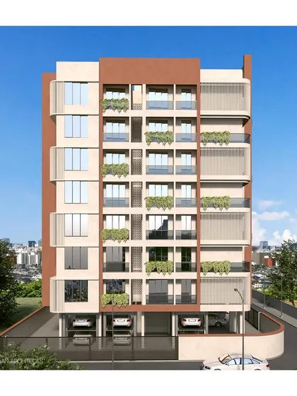A frontal elevation render of an upcoming residential building. This view helps visualize the building's scale, material palette, and overall aesthetic from the street level.