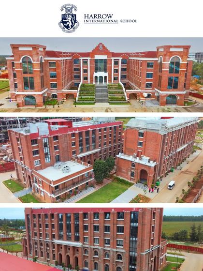 Capturing the impressive brick facade and architectural details of Harrow International School during its construction phase. Our high-resolution aerial photography is perfect for architectural showcases.