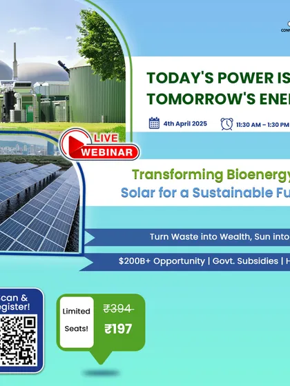 This ad for our "Dual-Energy Profits" session shows a composite image of solar panels and a biogas plant. It highlights the benefit of combining solar and Bio-CNG for steady, year-round income, a key strategy we teach.