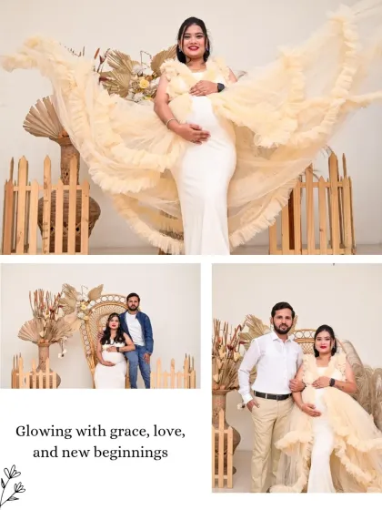 This collage shows the variety within a single Boho session, including a dynamic shot with a flowing gown, a classic couple's portrait, and a sweet family photo.