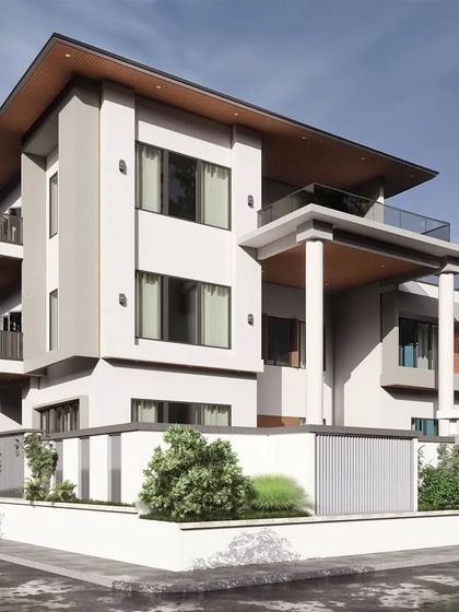 A 3D render of "The Honest House" in Coimbatore. This view highlights the home's clean, bold lines and the interplay of different volumes, which is a key characteristic of our contemporary architectural style.