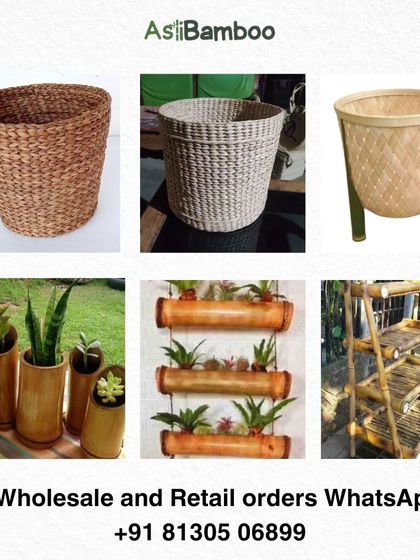 This collage features a variety of our planters and plant stands available for wholesale and retail. It shows the range of materials and designs we offer, from simple woven baskets to multi-tiered bamboo stands.