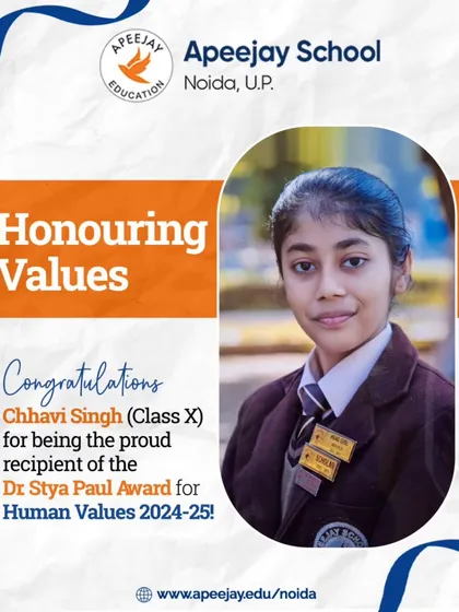 Congratulations to Chhavi Singh of Class 10 for receiving the prestigious Dr. Stya Paul Award for Human Values, embodying the integrity and ethos of our school.