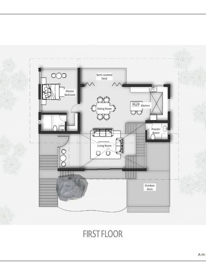 The first-floor plan for The Ridgeway Escape, which contains the main living, dining, and kitchen areas. This level is elevated to capture the best views of the surrounding mountains.