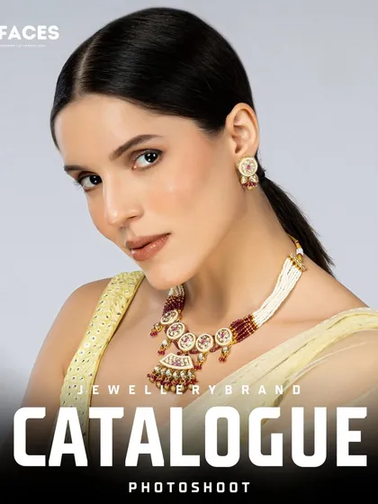 This image showcases a traditional necklace with a modern twist. The model's pose is perfect for a catalogue, giving a clear view of the design and how it is worn.