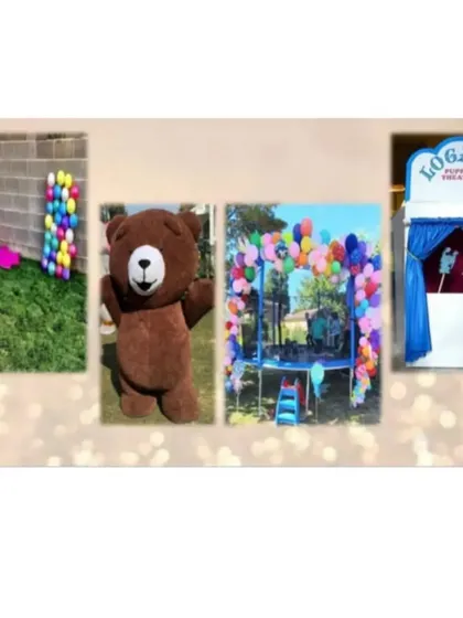 We offer a wide variety of activities to keep kids engaged. This collage shows some of our most popular options: an exciting balloon shooting game, a friendly teddy bear mascot for meet-and-greets, and a classic puppet show theatre for storytelling fun.