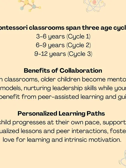 These graphics define the "vertical classroom," explaining the benefits of our mixed-age environment where older children mentor younger ones.