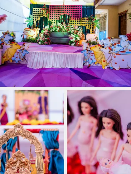 A collage showing the different elements of a baby shower setup, including the main stage decor, a Ganesha idol on a swing, and a close-up of our pregnant doll series.