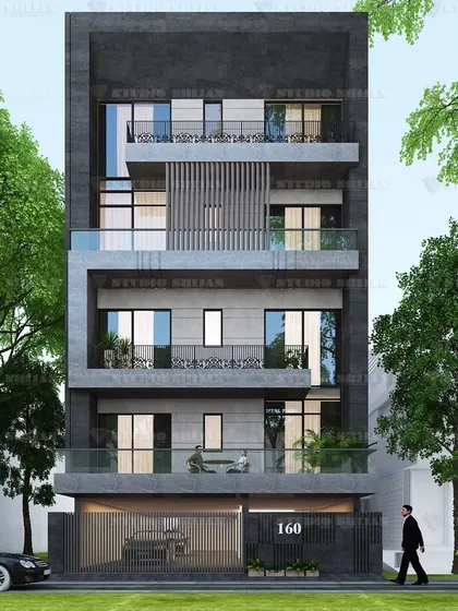 This facade for a 160 sq. yard plot in Janakpuri uses a dark, monolithic frame to enclose lighter grey volumes. The design creates a powerful contrast and a strong sense of structure.