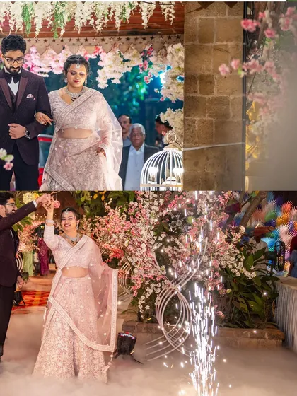 The couple's reception entrance, filled with smiles, dancing, and the sparkle of pyrotechnics.