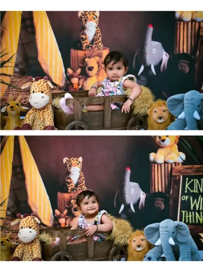 This collage shows two different moments from the jungle adventure. One captures a curious look, while the other shows a bright, happy smile, highlighting the range of emotions in one session.
