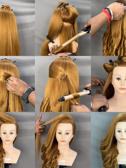 A step-by-step collage showing how to create the one-sided Hollywood waves hairstyle.