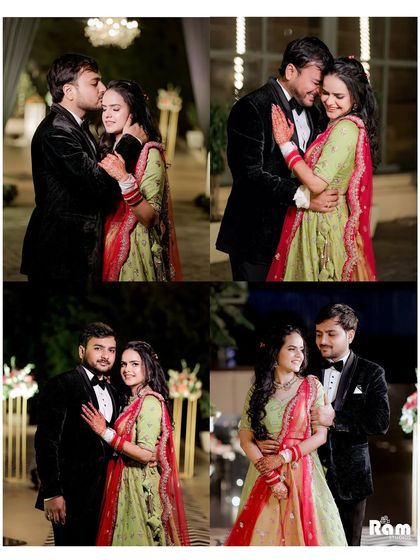 This collage showcases the love and happiness of an engagement celebration. It features a mix of romantic embraces and classic portraits from the special evening.