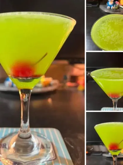 A vibrant green apple martini, also known as an Appletini. This collage shows the bright color and classic presentation in a martini glass with a cherry garnish.