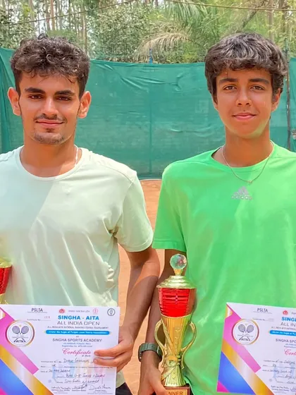 Shreyas and his partner Dhruv with their doubles title trophies from the AITA U18 National Series tournament in Jalandhar. Shreyas also reached the semi-finals in singles, showing great all-around performance.